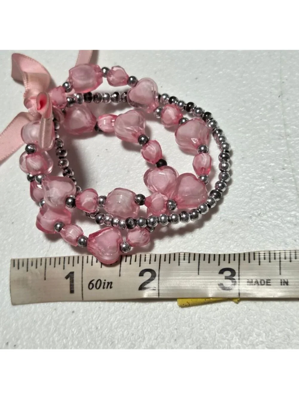 Pink Heart Beaded Bracelet Ribbon Bow Accent Princess Coquette Fashion Jewelry